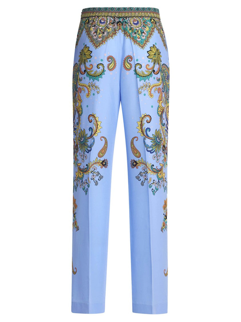 Etro Light Blue Silk Palazzo Trousers With Floral Print