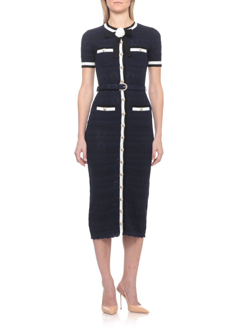 Self-Portrait Pointelle Knit Midi Dress With Decorative Pin And Four Pockets