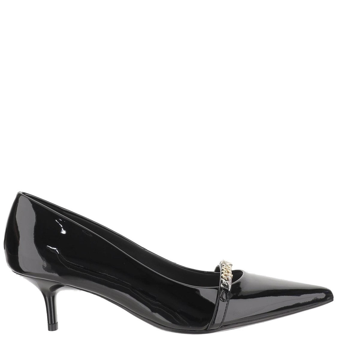 Pinko Glossy Leather Pump With Pointed Toe And Logo Chain Detail