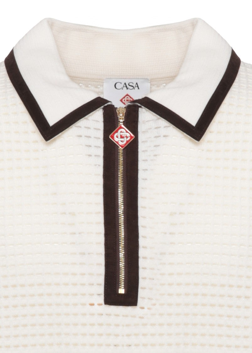Casablanca Ivory Velvet-Collar Zip Wool Polo Shirt