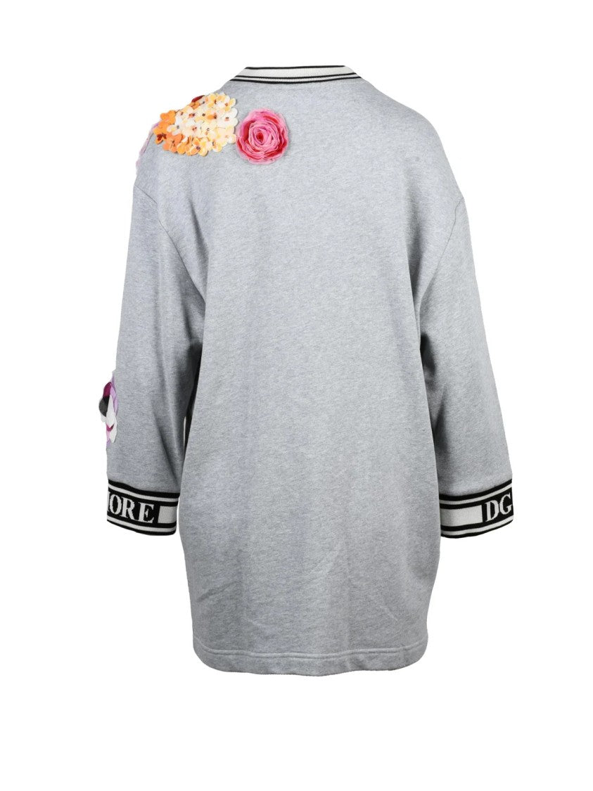 Dolce & Gabbana Grey Floral Appliques Crewneck Cotton Sweatshirt