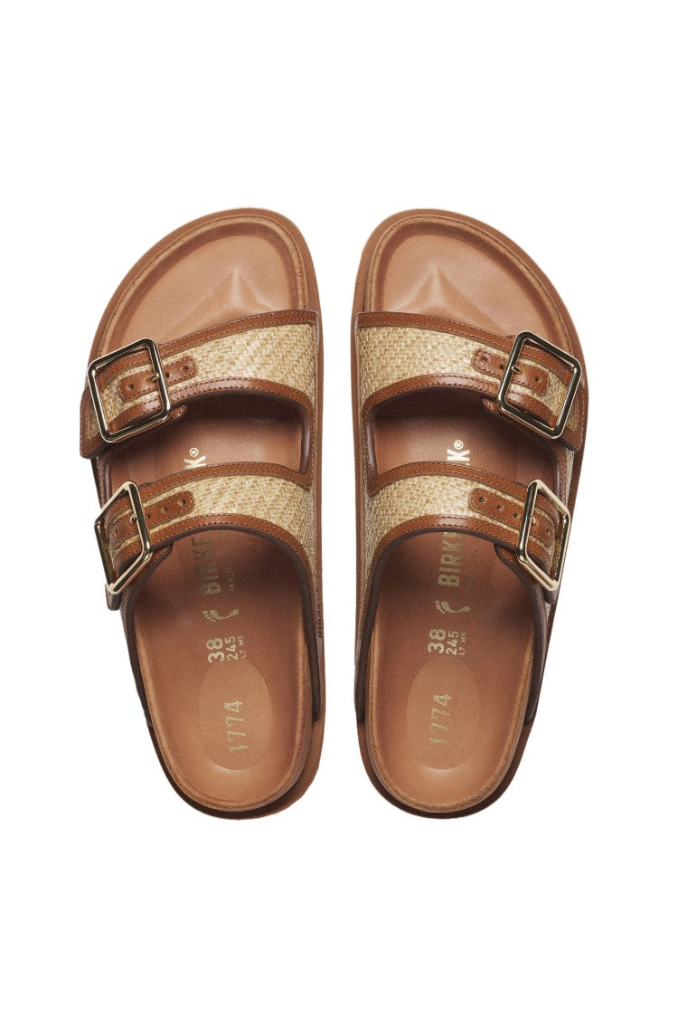 Birkenstock Natural Raffia Arizona Gold-Tone Sandals