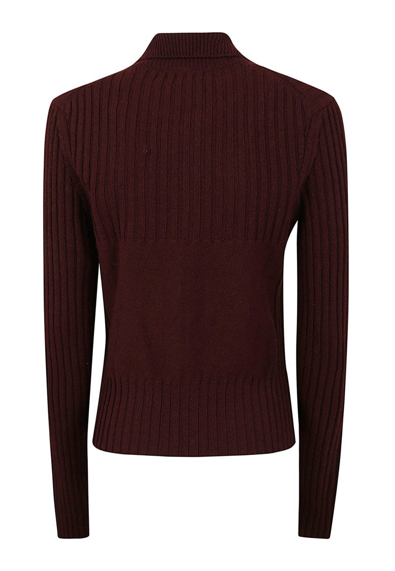 Victoria Beckham Burgundy Ribbed-Knit Jumper With Gold-Tone Hardware