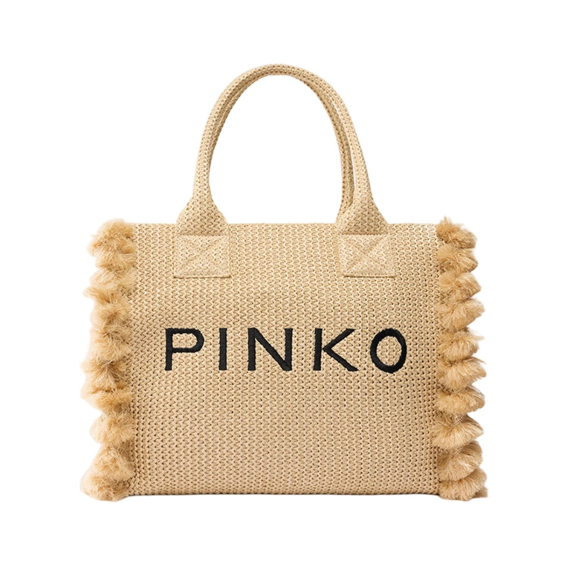 Pinko Natural Raffia Shopping Bag With Contrast Logo And Decorative Tassels