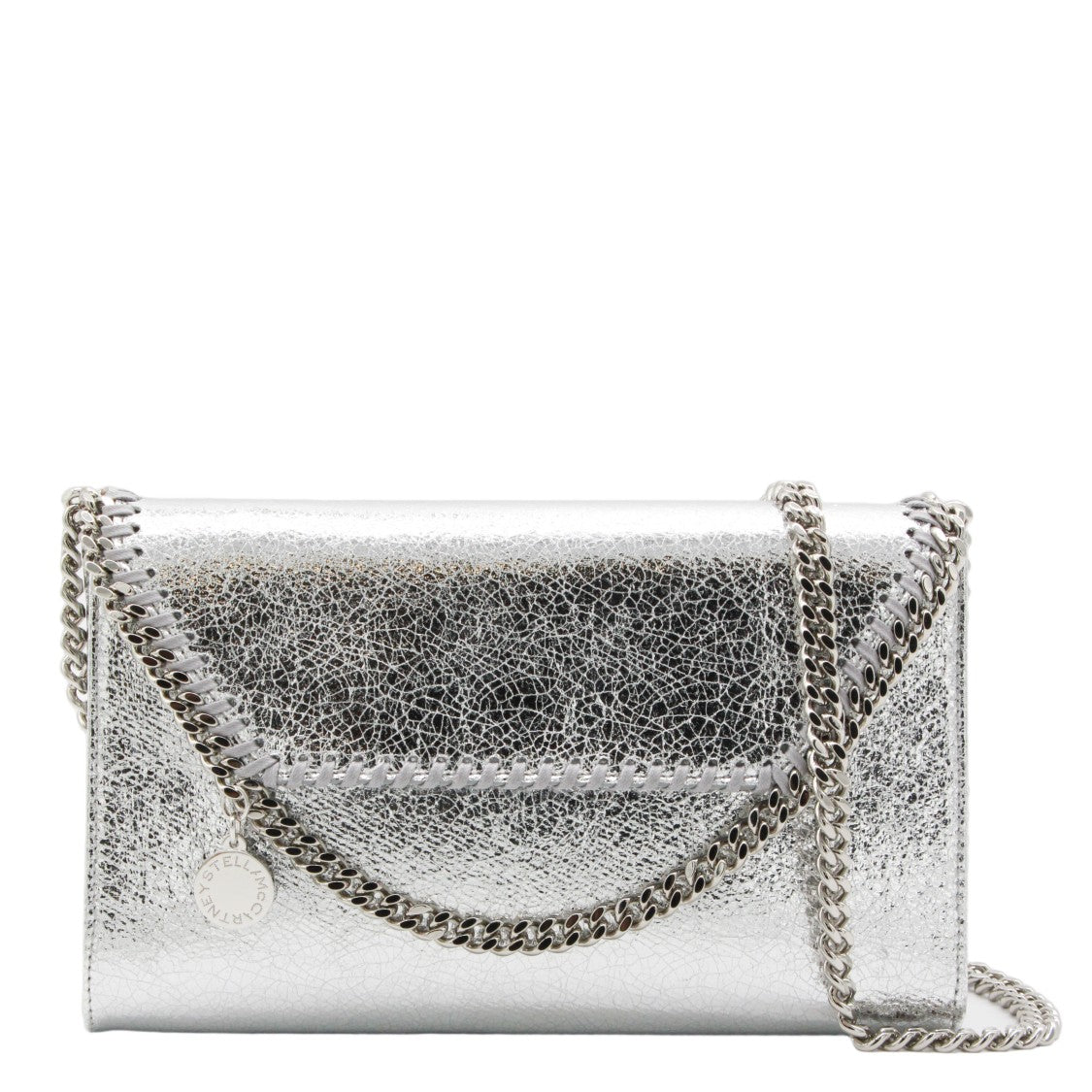 Stella Mccartney Rectangular Metallic Silver Cracked Texture Bag With Silver Chain Accents