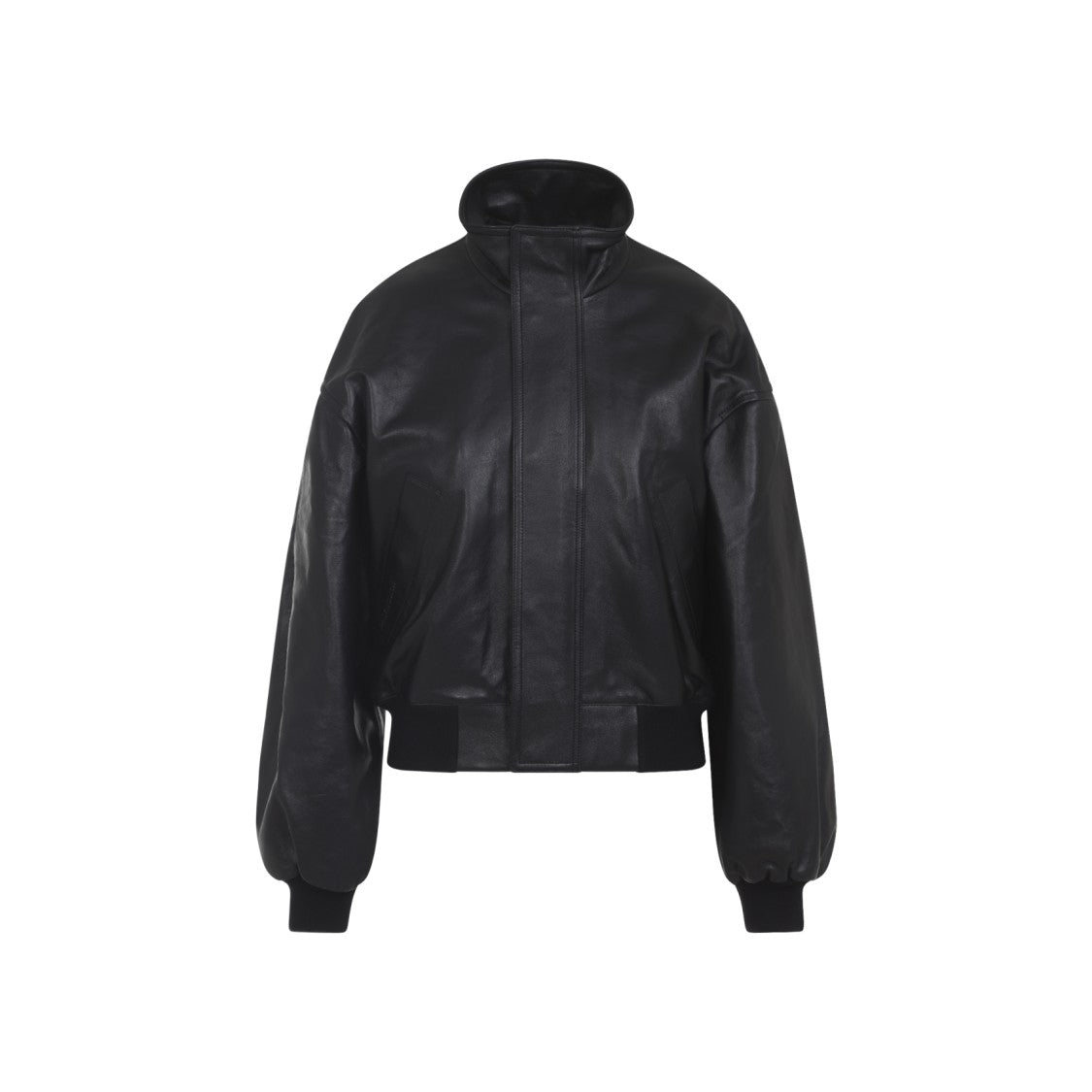 Balenciaga Black Leather Jacket With Standing Collar And Ribbed Details