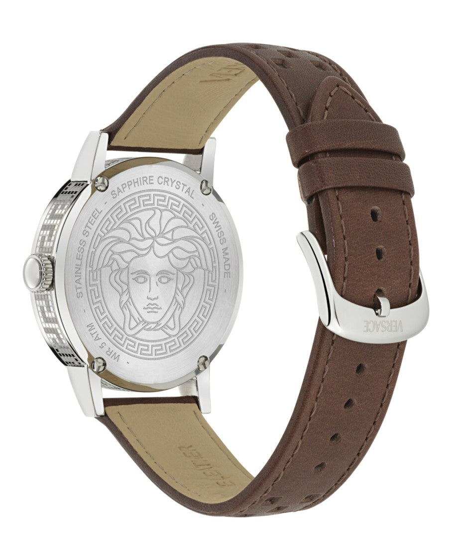 Versace Oval Brown Calf Leather Watch With Greek Key Detailing