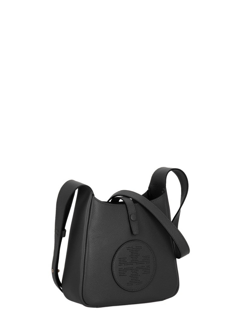 Tory Burch Black Textured Leather Perforated Logo Shoulder Bag
