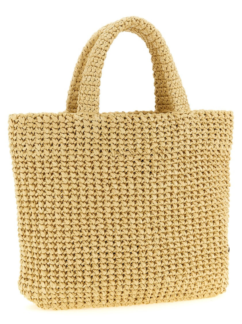 Prada Braided Raffia Handbag With Enameled Metal Logo