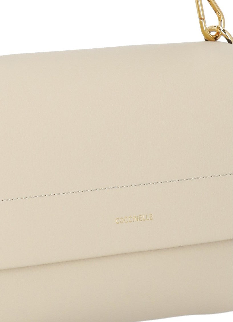 Coccinelle Beige Leather Shoulder Bag With Dual Compartment Design