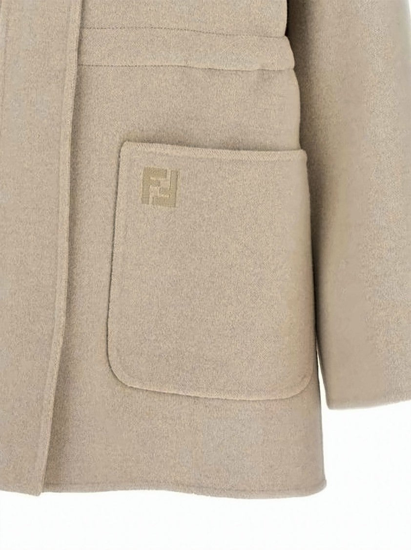 Fendi High Collar Beige Wool-Silk Blend Jacket With Monogram Accents