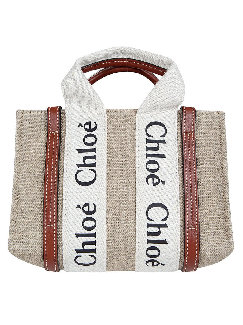 Chloé Structured Rectangular Bag In Textured Beige Fabric With Leather Trim