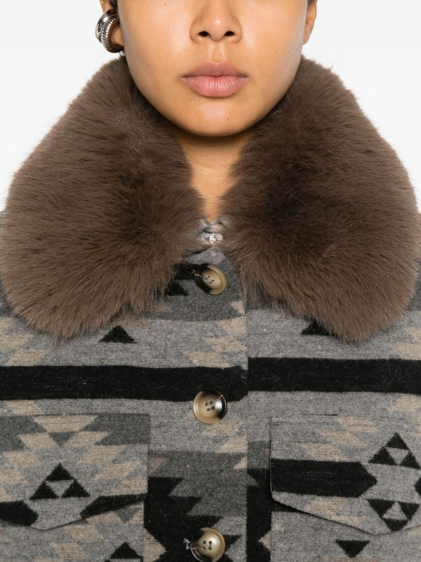 Ava Adore Boxy Short Coat With Geometric Tribal Pattern And Oversized Fur Collar