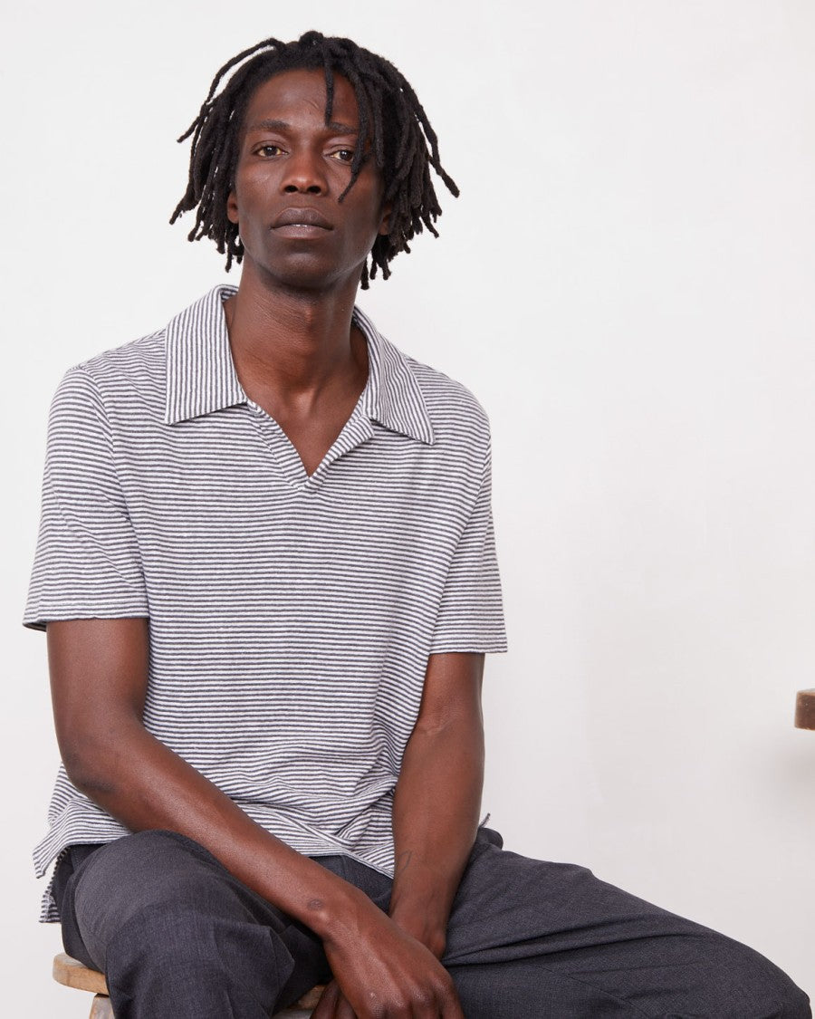 Officine Generale Yarn-Dyed Short-Sleeve Polo With Johnny Collar