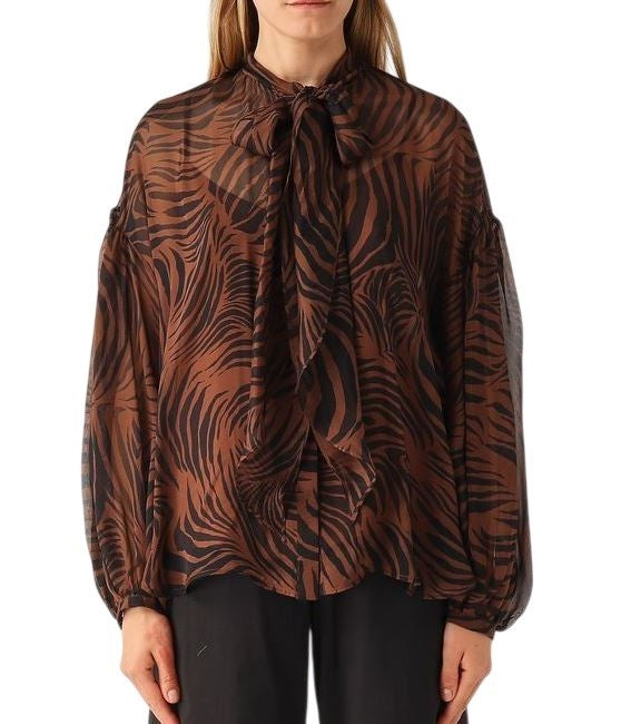 Max Mara Animal Print Canvas Blouse With Lace-Up Collar And Puff Sleeves
