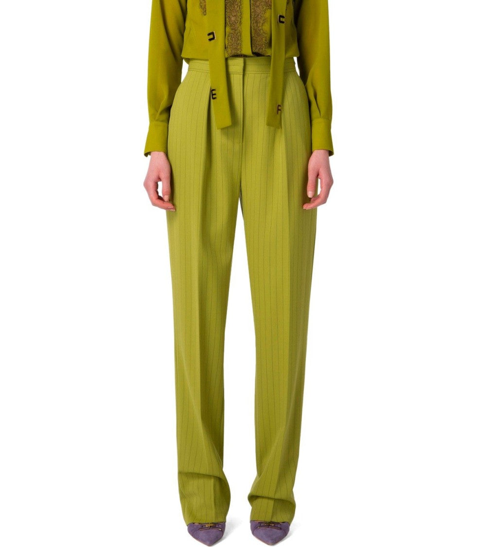Elisabetta Franchi Olive Green Cool Wool Trousers With Pinstripe Detailing