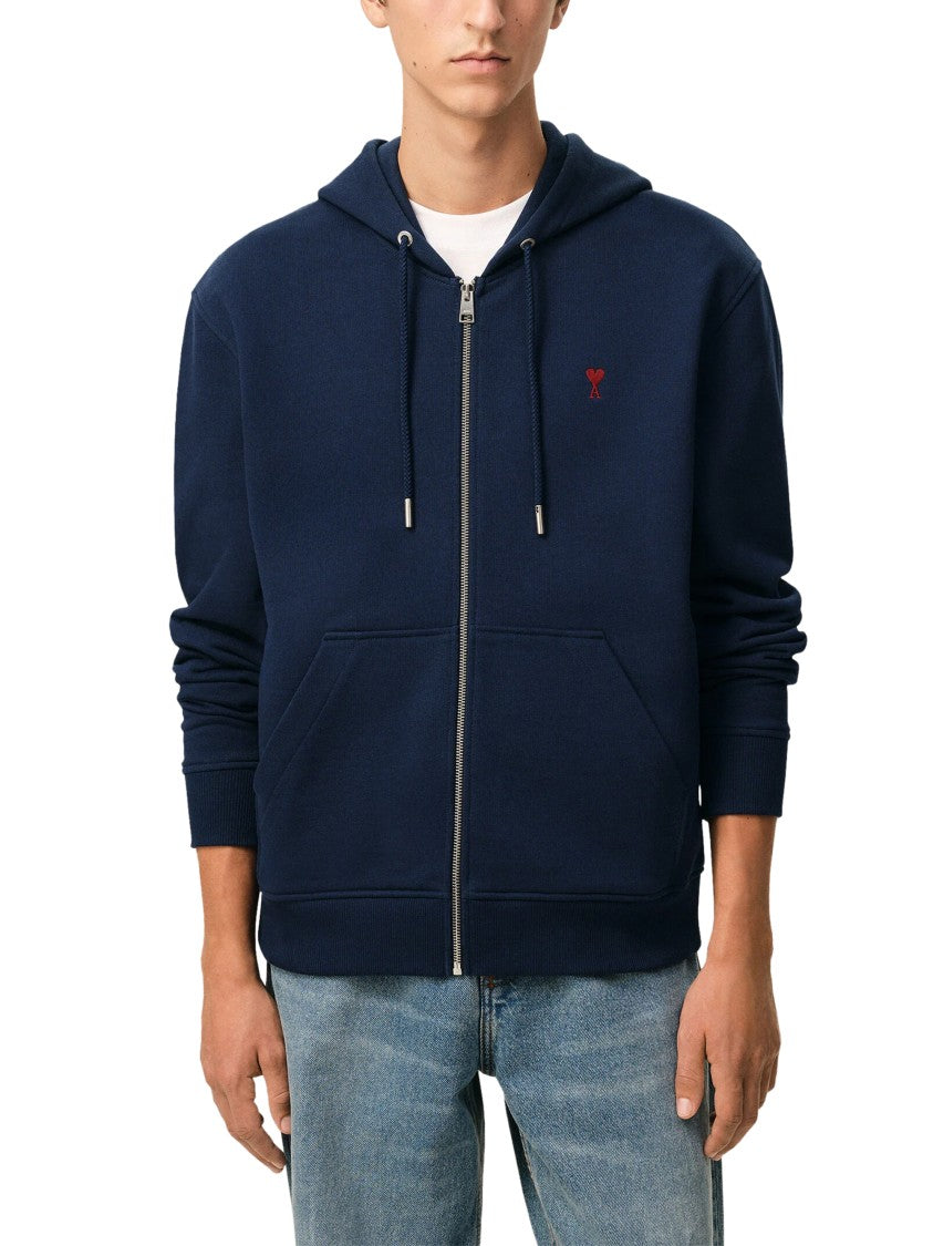 Ami Paris Deep Navy Zipped Hoodie With Embroidered Heart Emblem