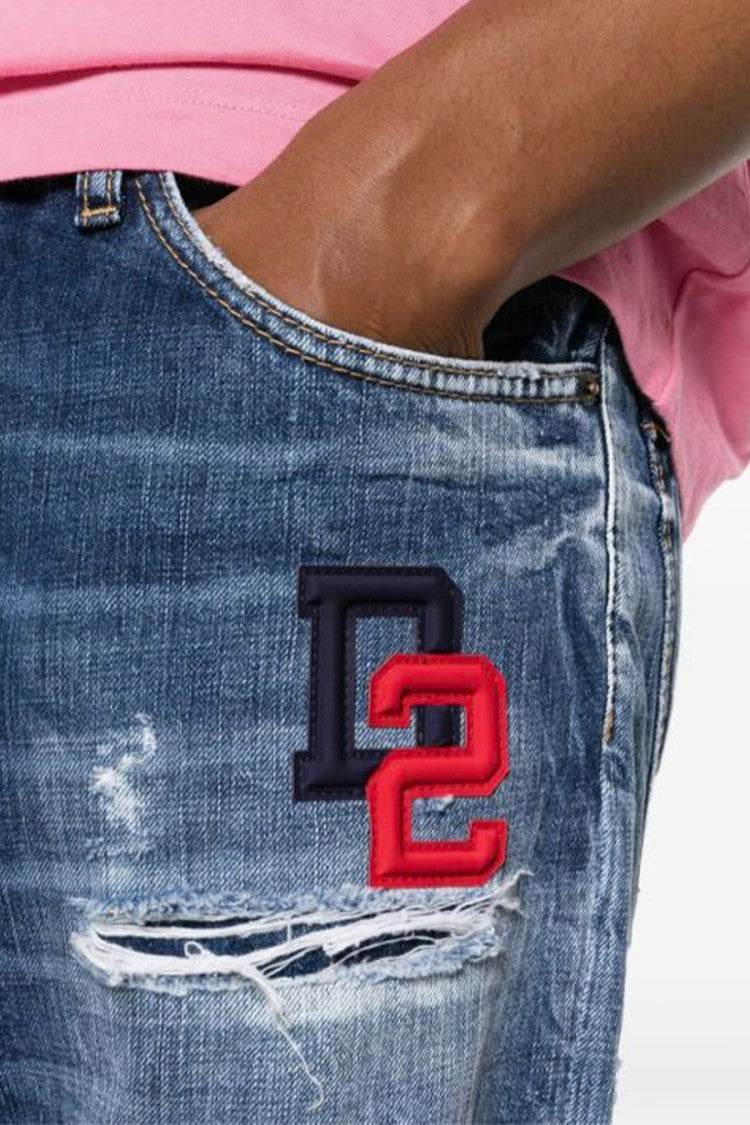 Dsquared2 Distressed Straight-Leg Denim Jeans Logo Patch