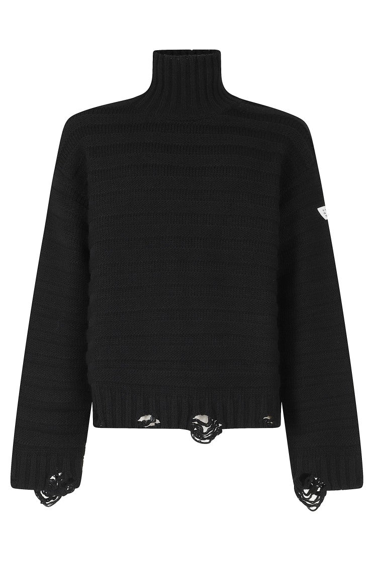 Mm6 By Maison Margiela Black High-Neck Distressed Wool-Blend Sweater