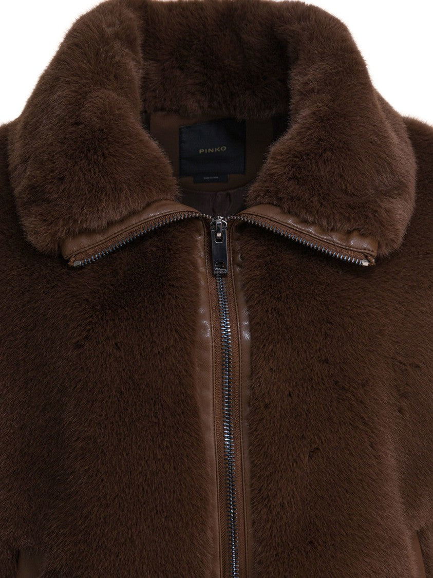 Pinko Brown Plush Textured Jacket With High Collar
