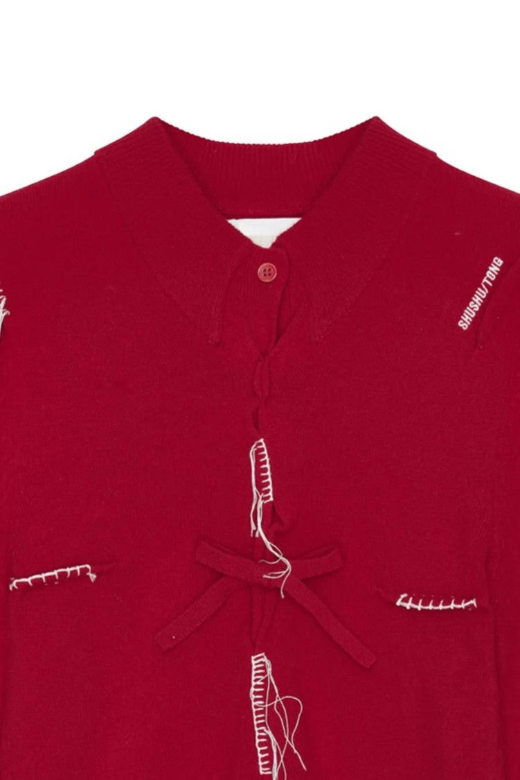 Shushu/Tong Red Pin-Tuck Threadwork Knit Top