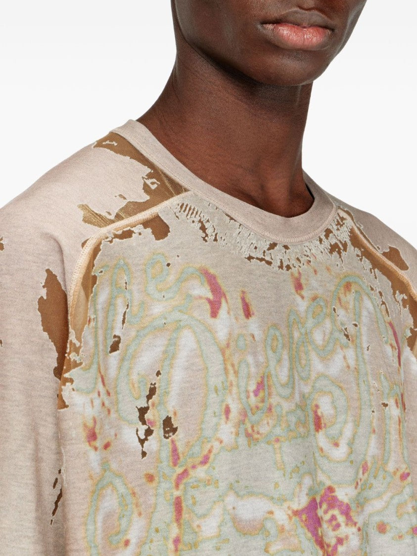 Diesel Distressed Abstract Print Silk Nylon T-Shirt
