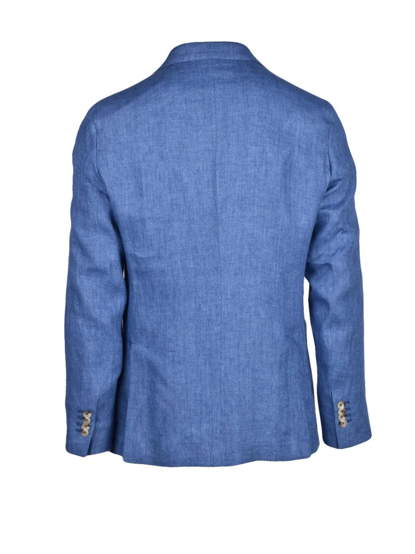 Paoloni Blue Double-Breasted Peak-Lapel Linen Blazer