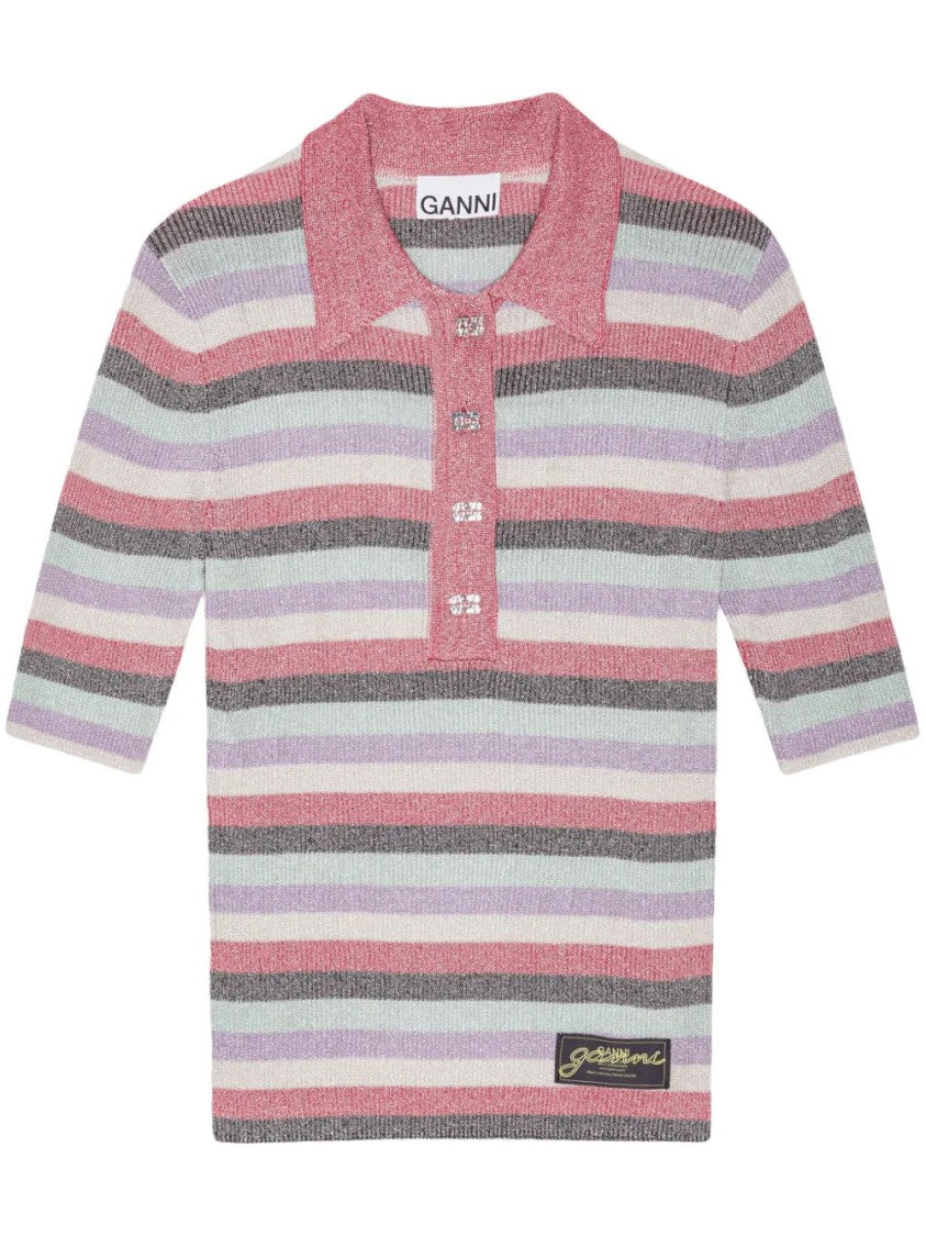 Ganni Striped Lurex-Knit Polo Shirt
