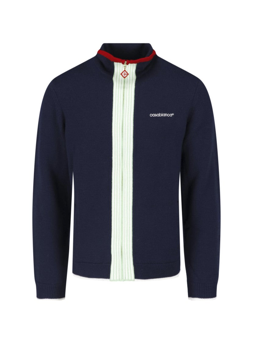 Casablanca Deep Navy Sweater With Mint Stripe And Contrasting Trim