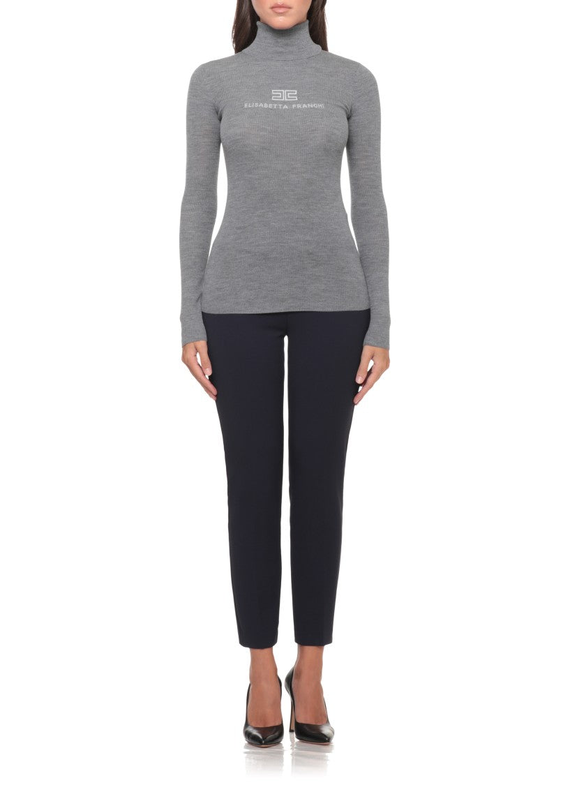 Elisabetta Franchi Fitted High Neck Wool Sweater With Embroidered Logo