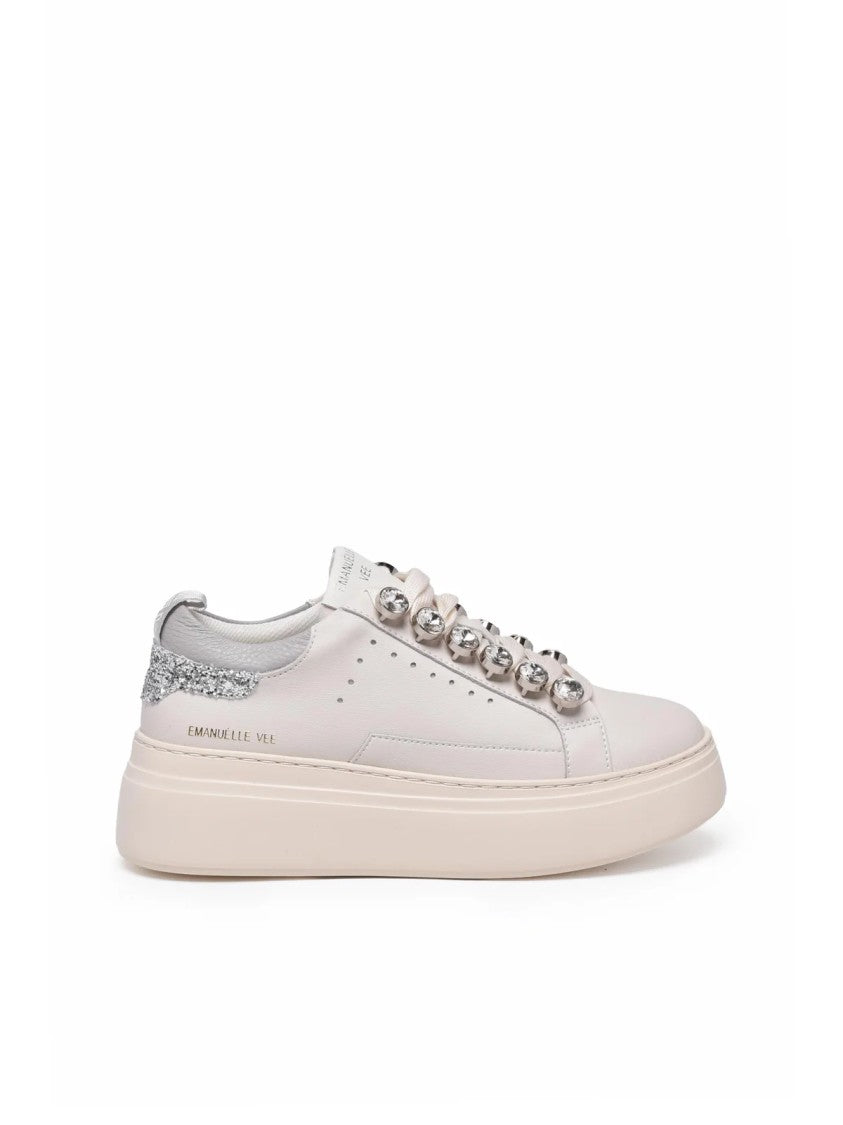 Emanuélle Vee White/Grey Glitter Leather-Blend Chunky Sneakers