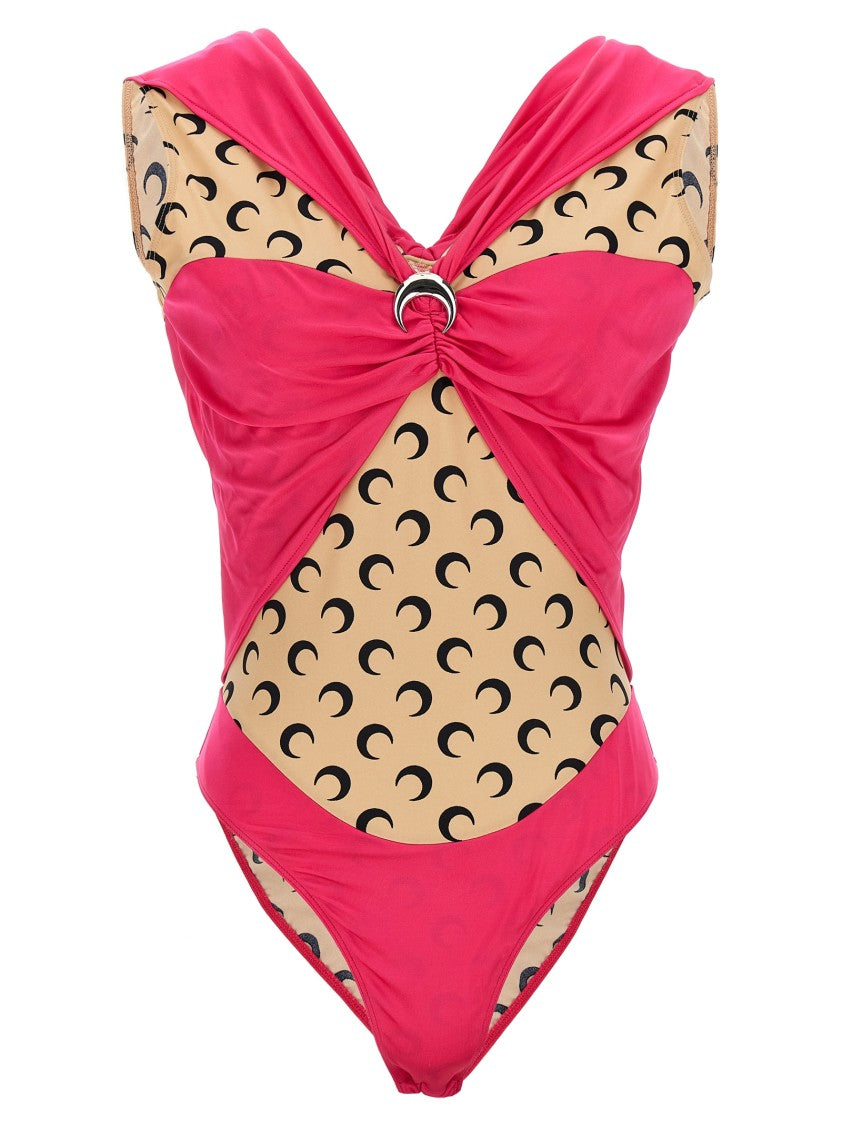 Marine Serre Patchwork Bodysuit With All-Over Logo Print And Brooch Detail