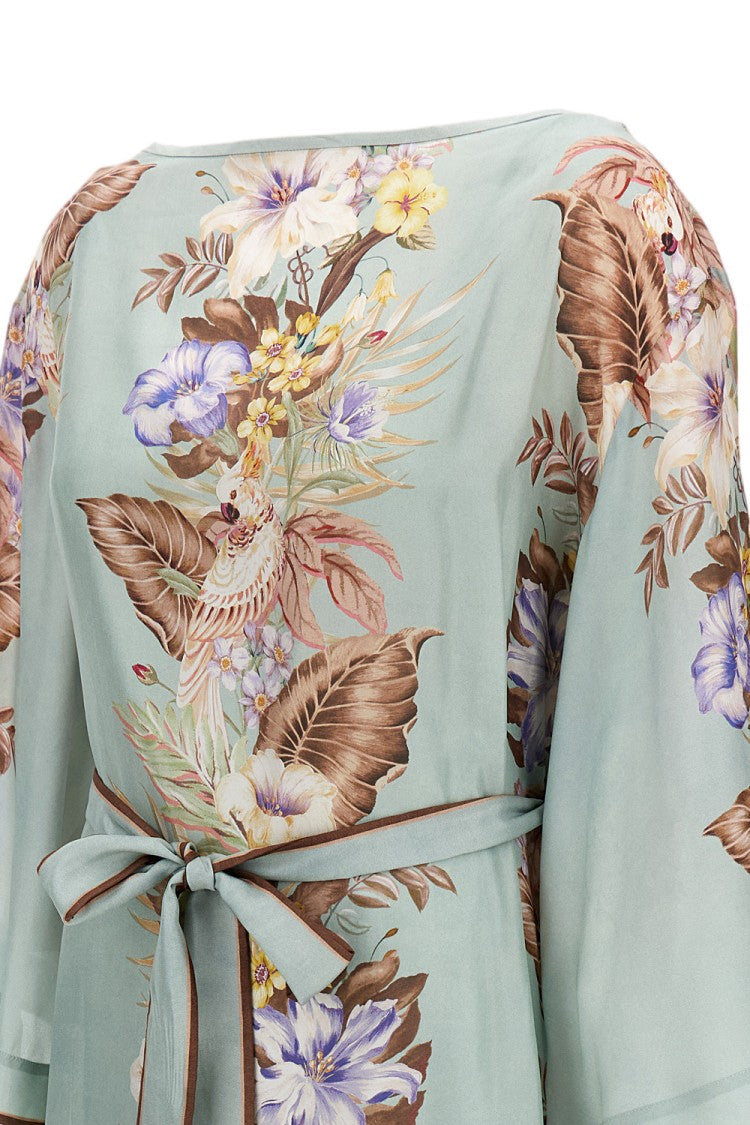 Zimmermann Floral Print Silk Tunic Dress With Waist Belt