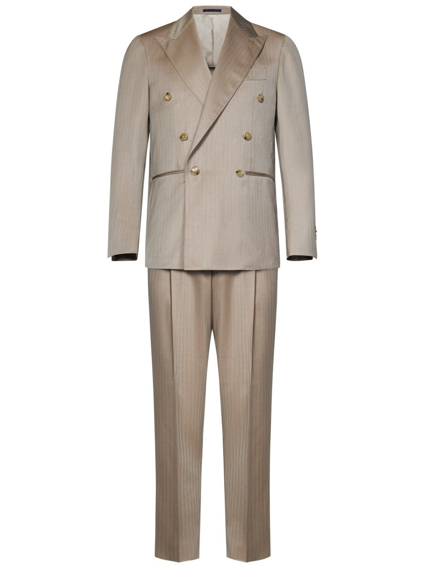 Franzese Collection Double-Breasted Beige Suit With Herringbone Pattern