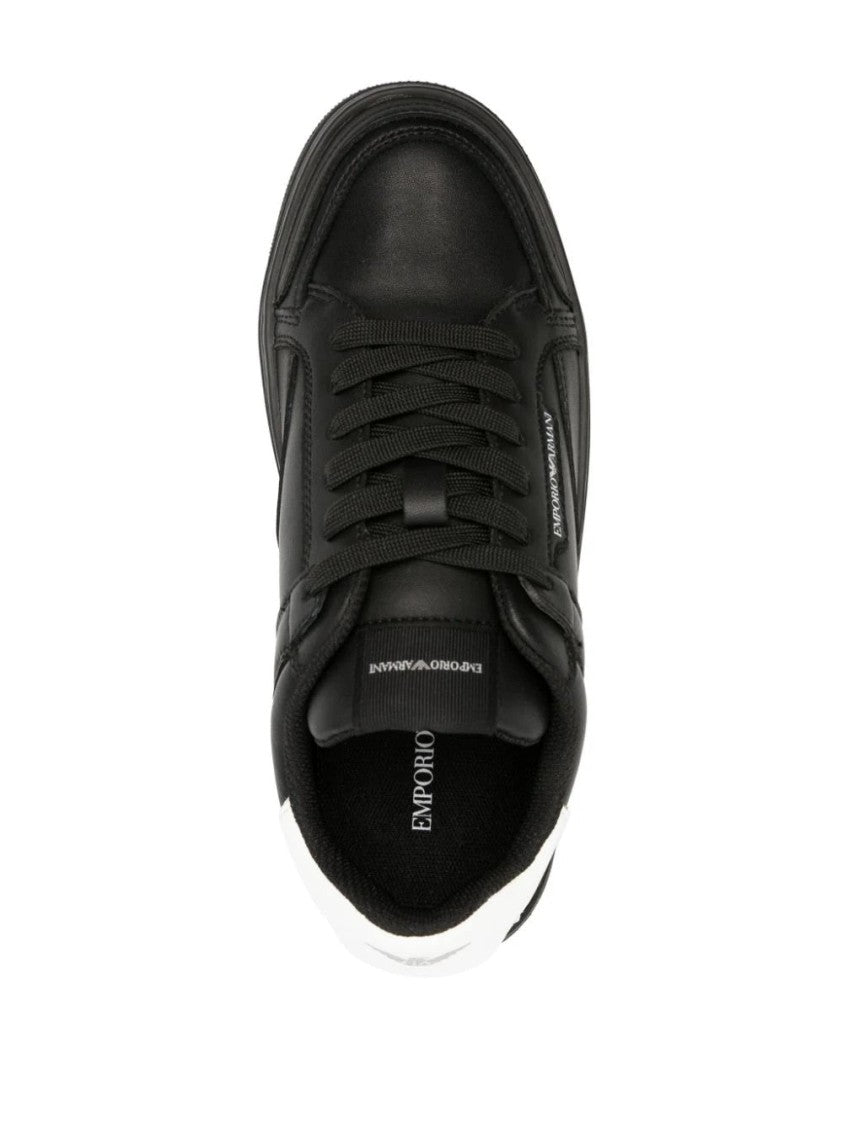 Emporio Armani Black Leather Sneakers With Contrasting Heel Tab