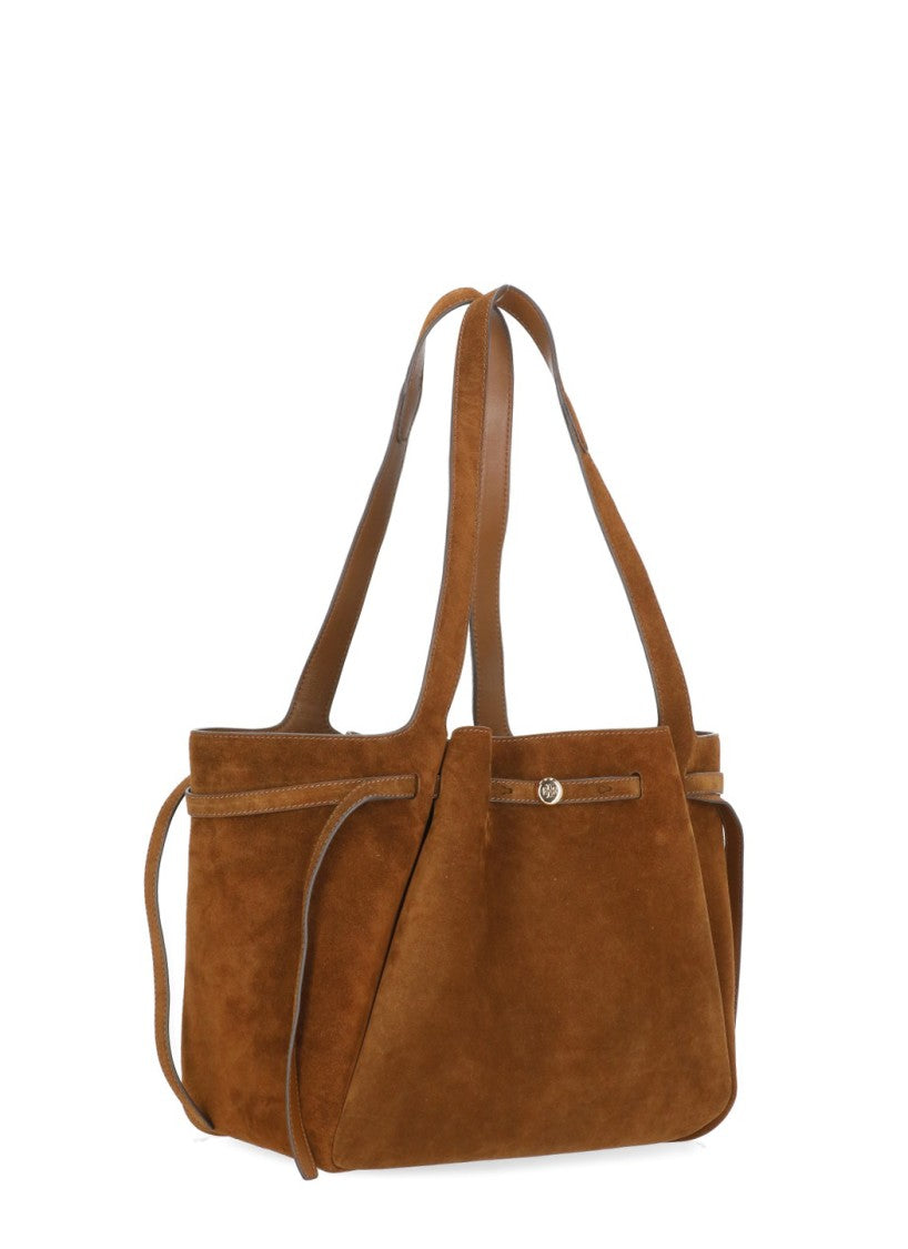 Tory Burch Brown Suede Gold Logo Trapezoidal Shoulder Bag