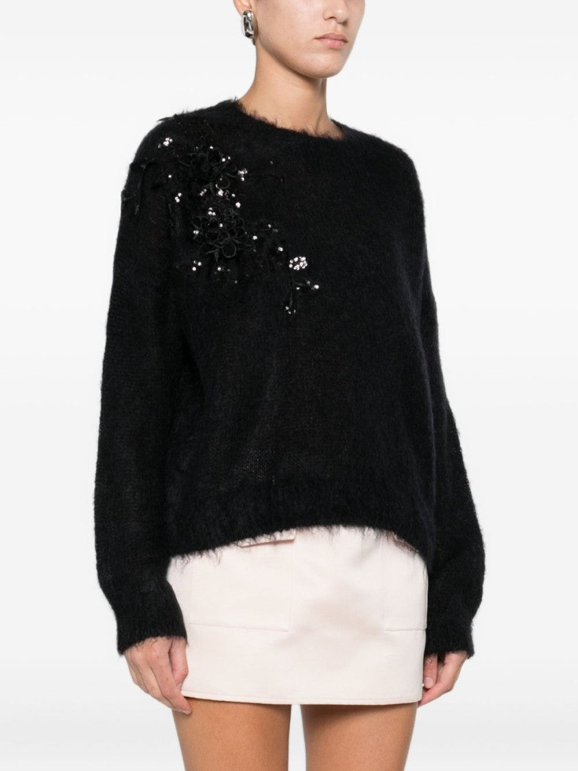 Blugirl Solid Black Knit Sweater With Round Neckline And Long Sleeves