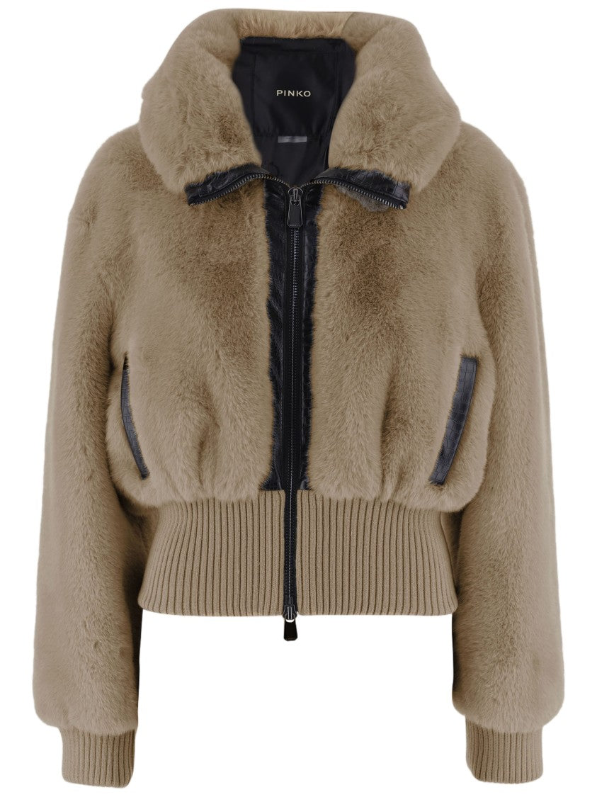 Pinko Cropped Faux Fur Coat With Ribbed Knit Details