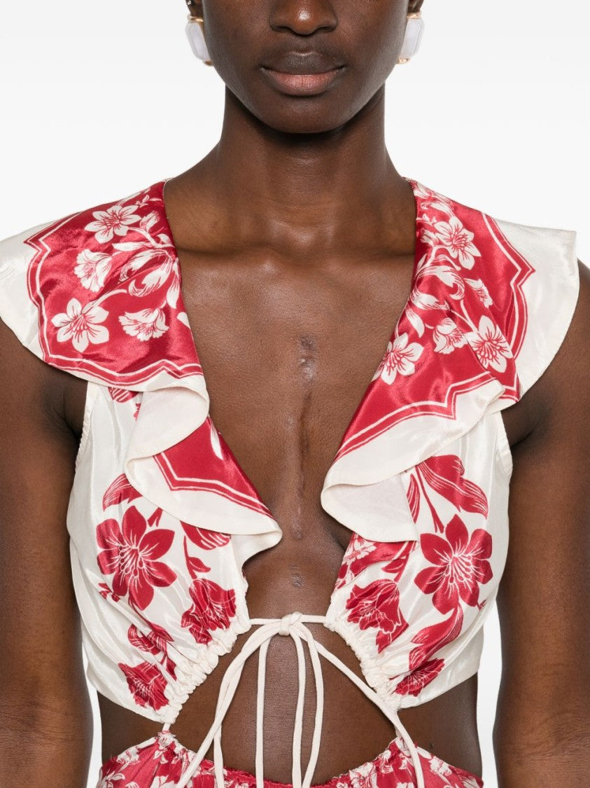 Farm Rio Red Botanical Motif Viscose Midi Dress