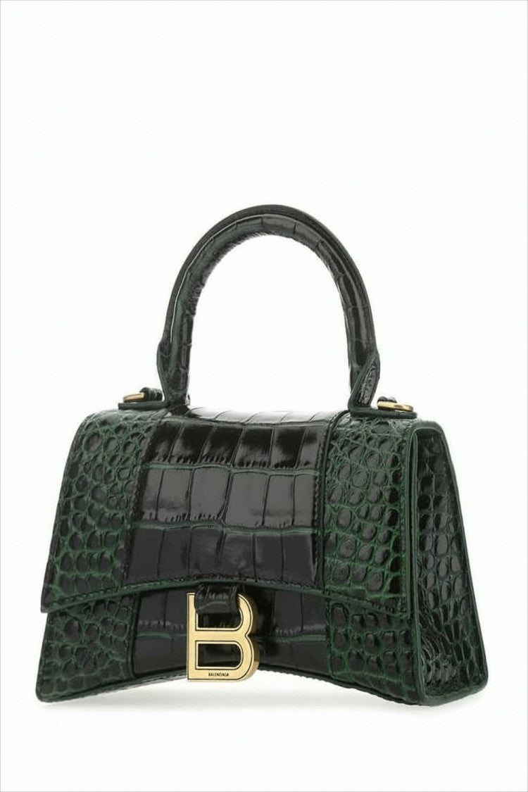 Balenciaga Glossy Crocodile-Embossed Green Tote Bag With Iconic Logo Clasp