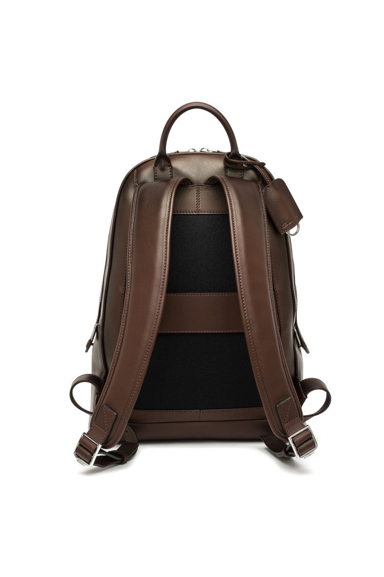 Santoni Artisanal Brown Leather Backpack With Dual Compartments