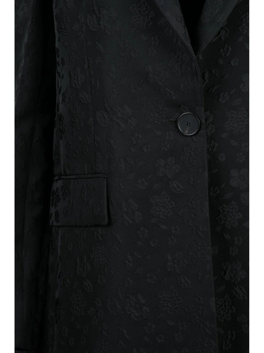 Lanvin Short Black Coat With Elegant Button Closure And Floral Jacquard Pattern