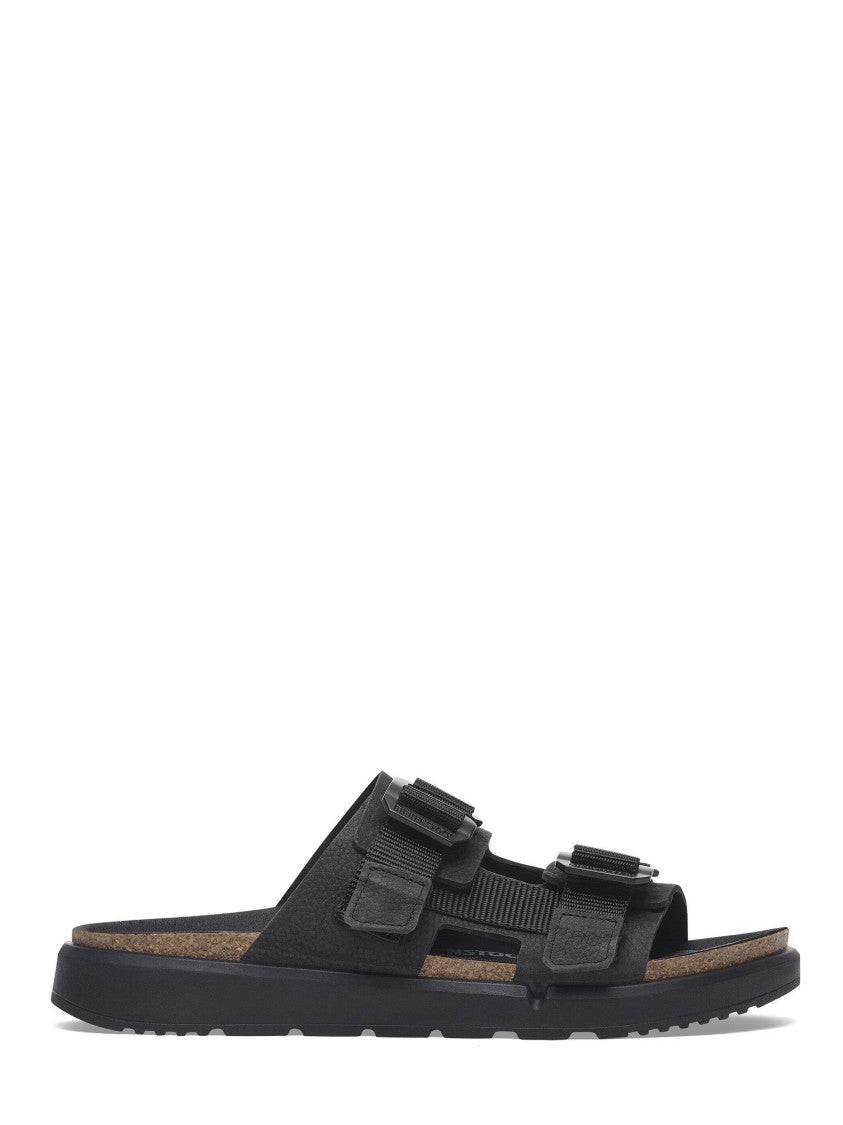 Birkenstock Two-Strap Black Sandals In Nubuck Leather And Textile