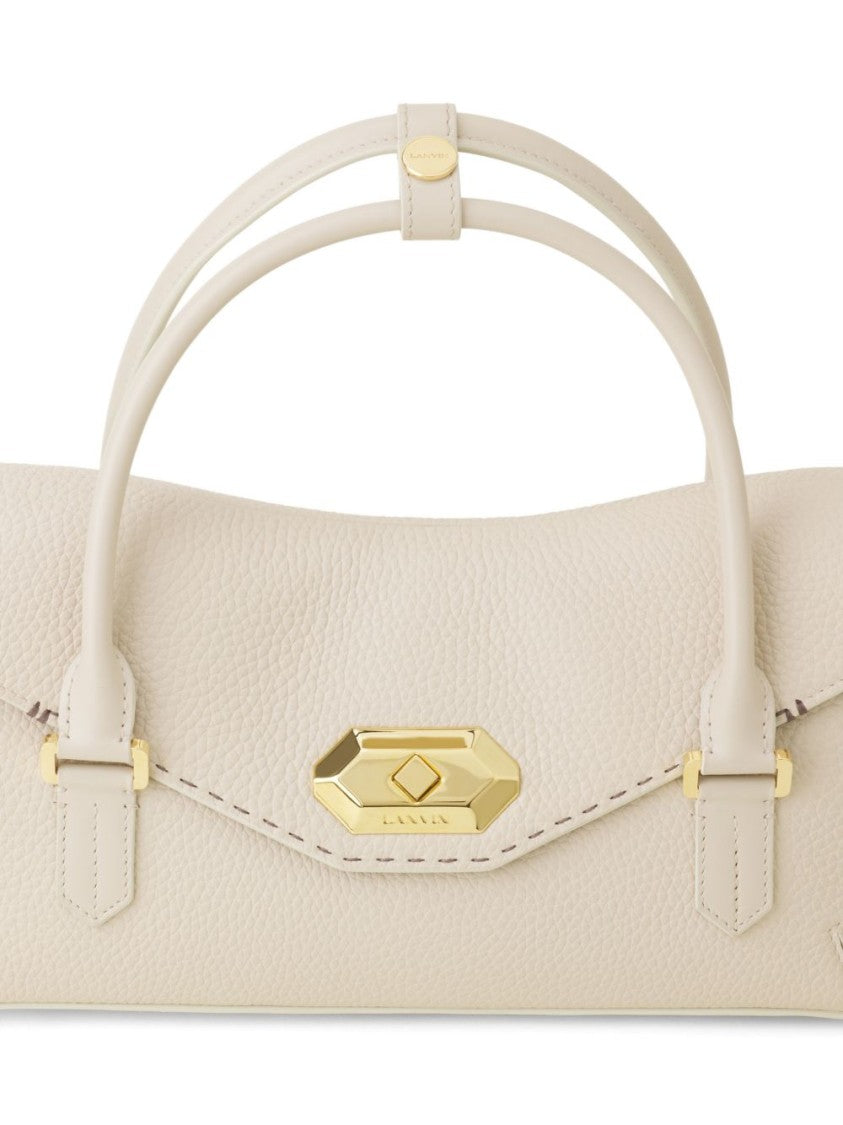 Lanvin Beige Topstitched Geometric Clasp Top Bag