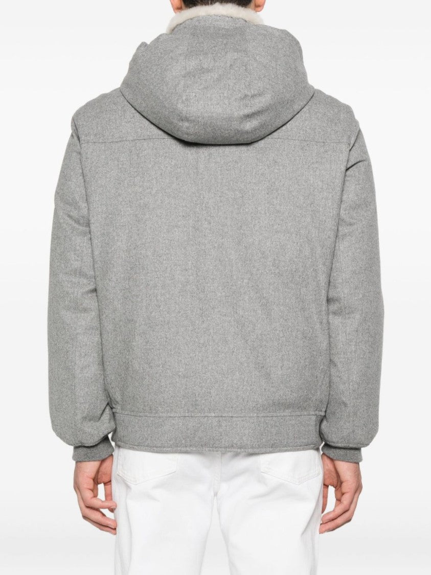 Brunello Cucinelli Textured Grey Coat With Plush Hood And Zippered Pockets