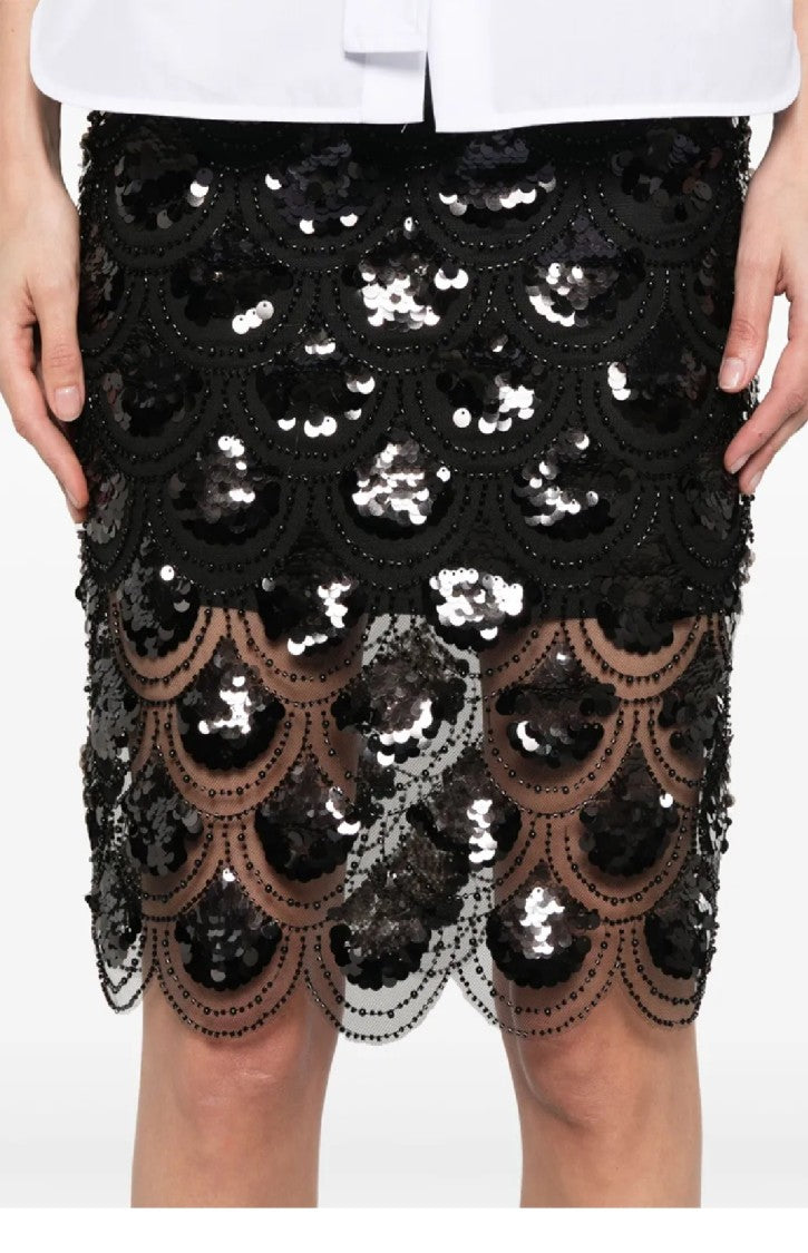 Rotate Sequined Pencil Skirt With Scalloped Hem