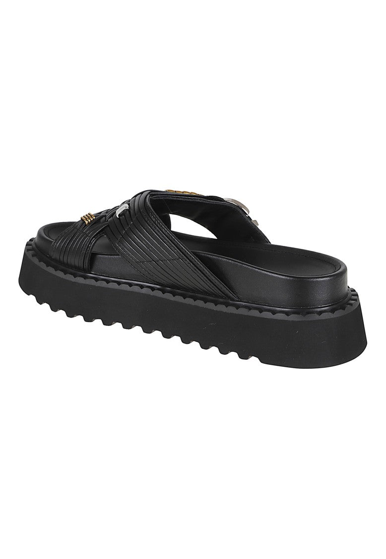 Pinko Nappa Leather Slide Sandal With Woven Straps And Buckle Accents
