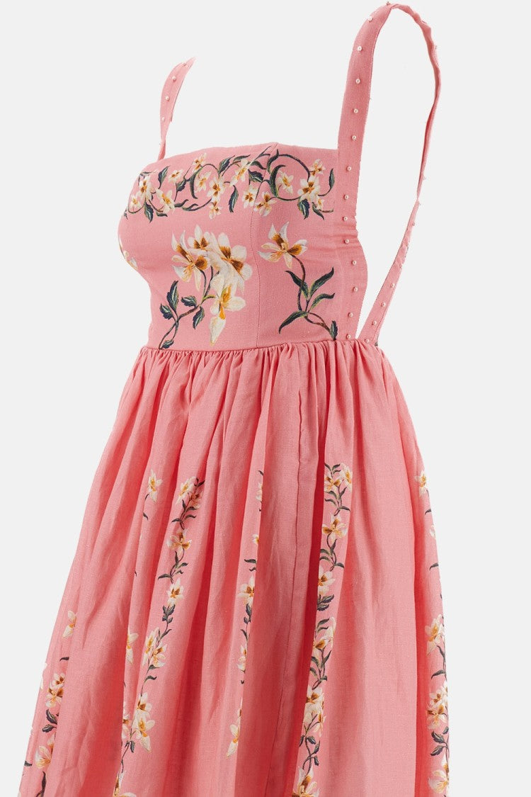 Agua By Agua Bendita Pink Mielero Floral Linen Dress