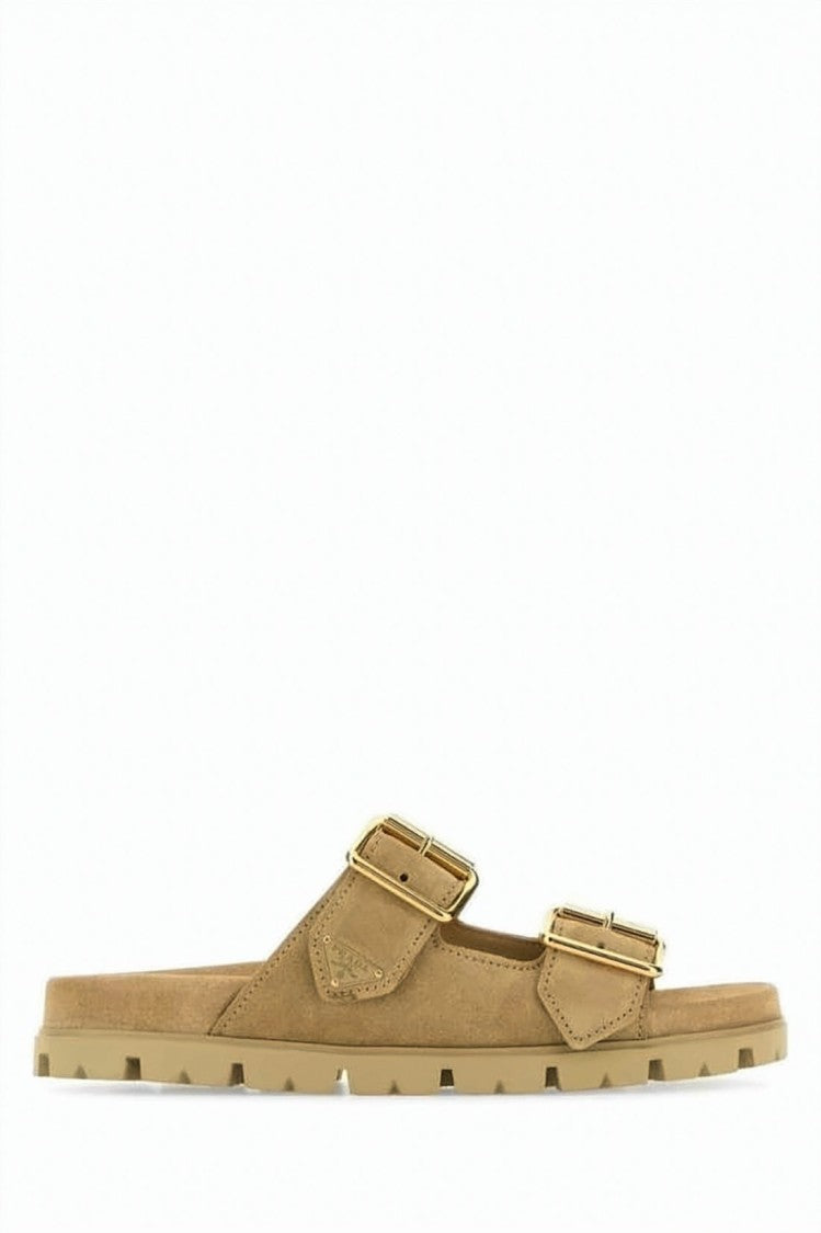 Prada Suede Slide Sandals With Adjustable Straps And Gold-Tone Buckles