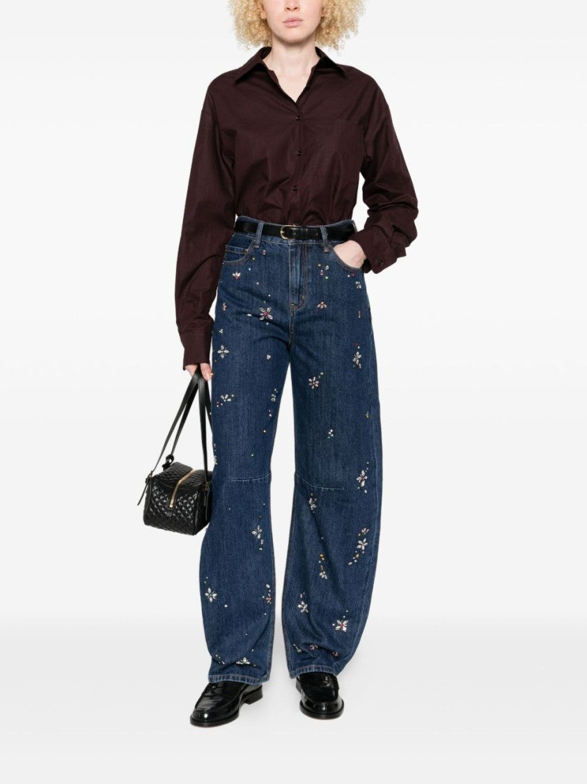 Self-Portrait Relaxed Wide-Leg Jeans With Floral Embellishments